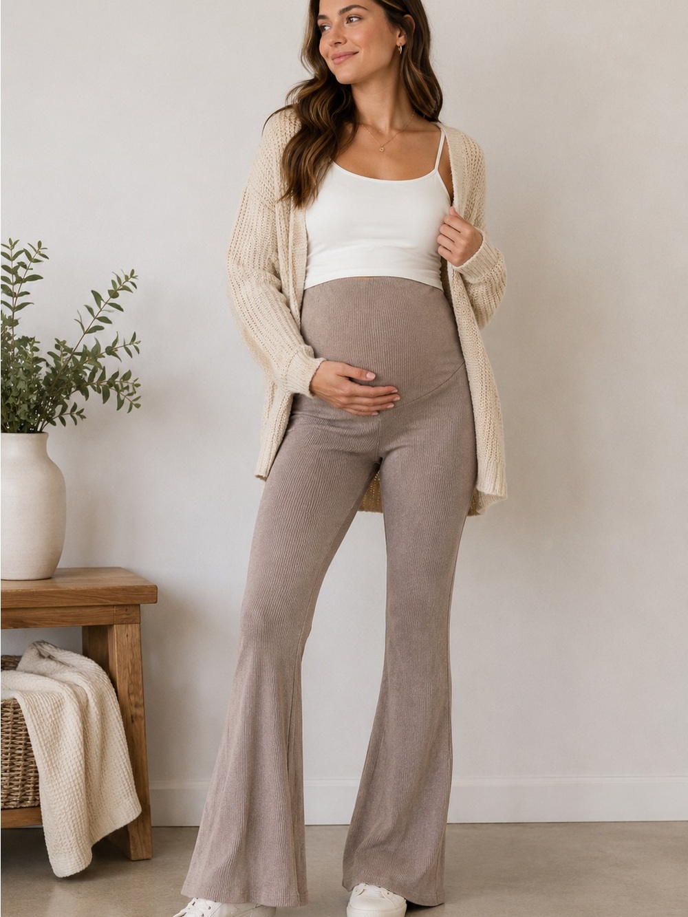 H&M MAMA Ribbed Flare Maternity Leggings Size Small Taupe Lounge